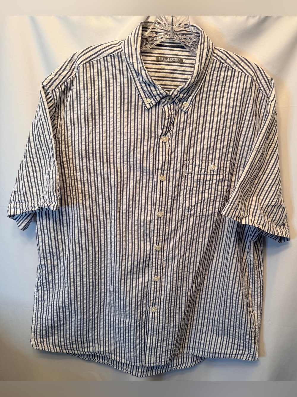 Michael Bastian Men’s Size XL Seersucker Short Sleeve Shirt White Blue Stripes